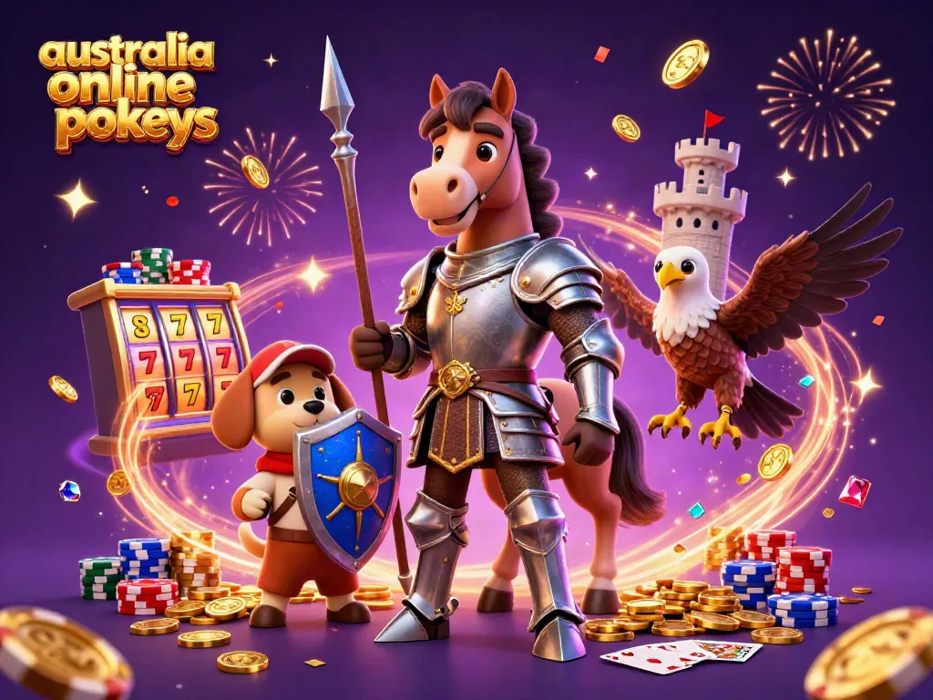 Engaging 3D scene of australia online pokies characters with coins and slot machines bursting with excitement.