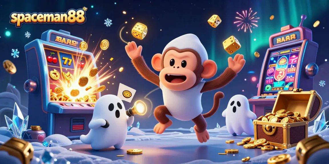 Spaceman88 promotes thrilling casino action with a lively 3D illustration of a poltergeist monkey and puppy.