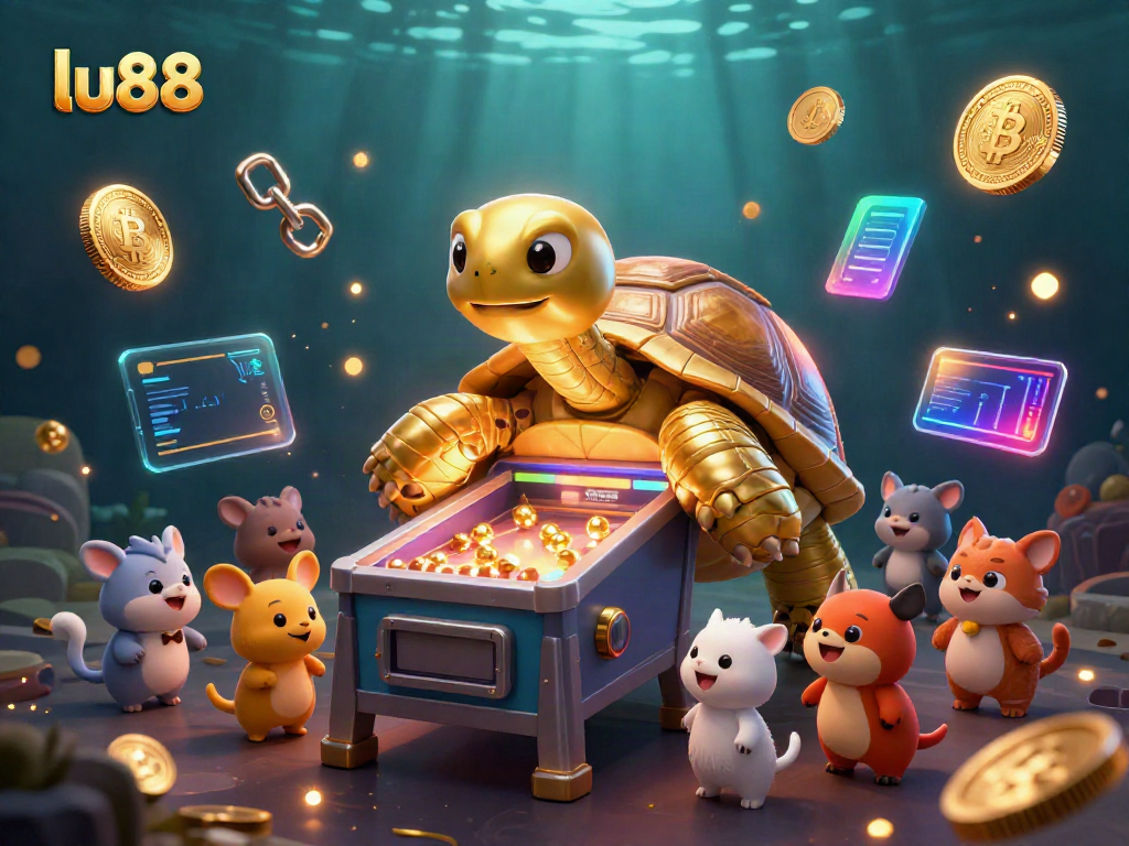 Engage with the exciting LU88 gaming world featuring a golden tortoise pinball machine and cryptocurrency elements.