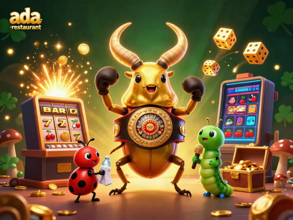 Engage with exciting casino elements at the ada-restaurant with a unique 3D illustration showcasing vibrant playfulness and energy.
