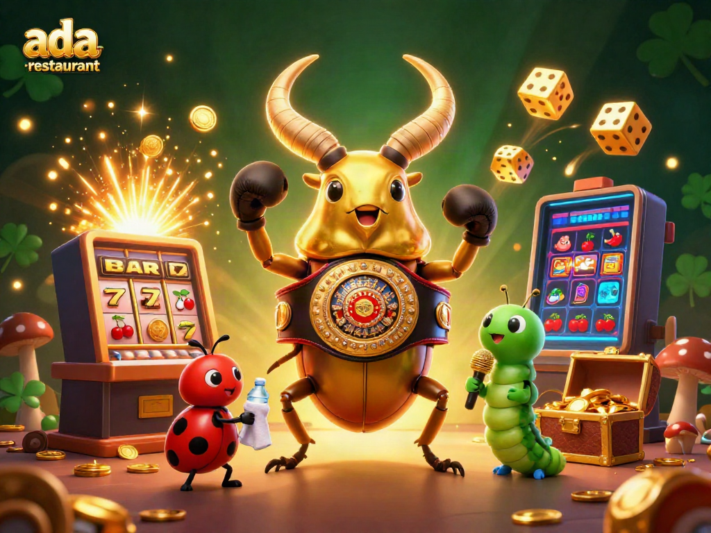 Engage with exciting casino elements at the ada-restaurant with a unique 3D illustration showcasing vibrant playfulness and energy.
