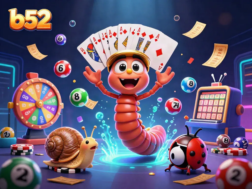 B52 players enjoying a vibrant casino atmosphere with colorful lottery elements and animated characters.