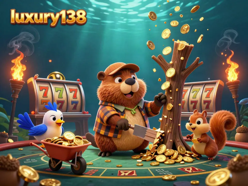 Experience luxury138's gaming excitement with a lively scene of a beaver, bird, and squirrel amidst vibrant casino elements.