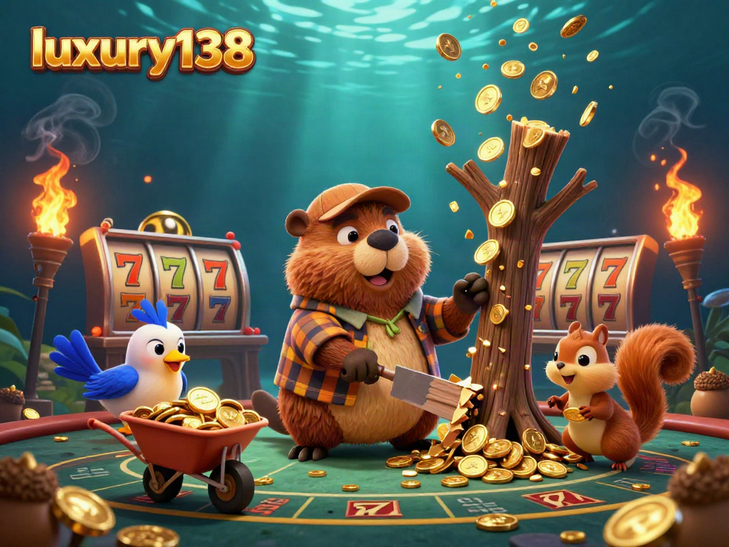Experience luxury138's gaming excitement with a lively scene of a beaver, bird, and squirrel amidst vibrant casino elements.