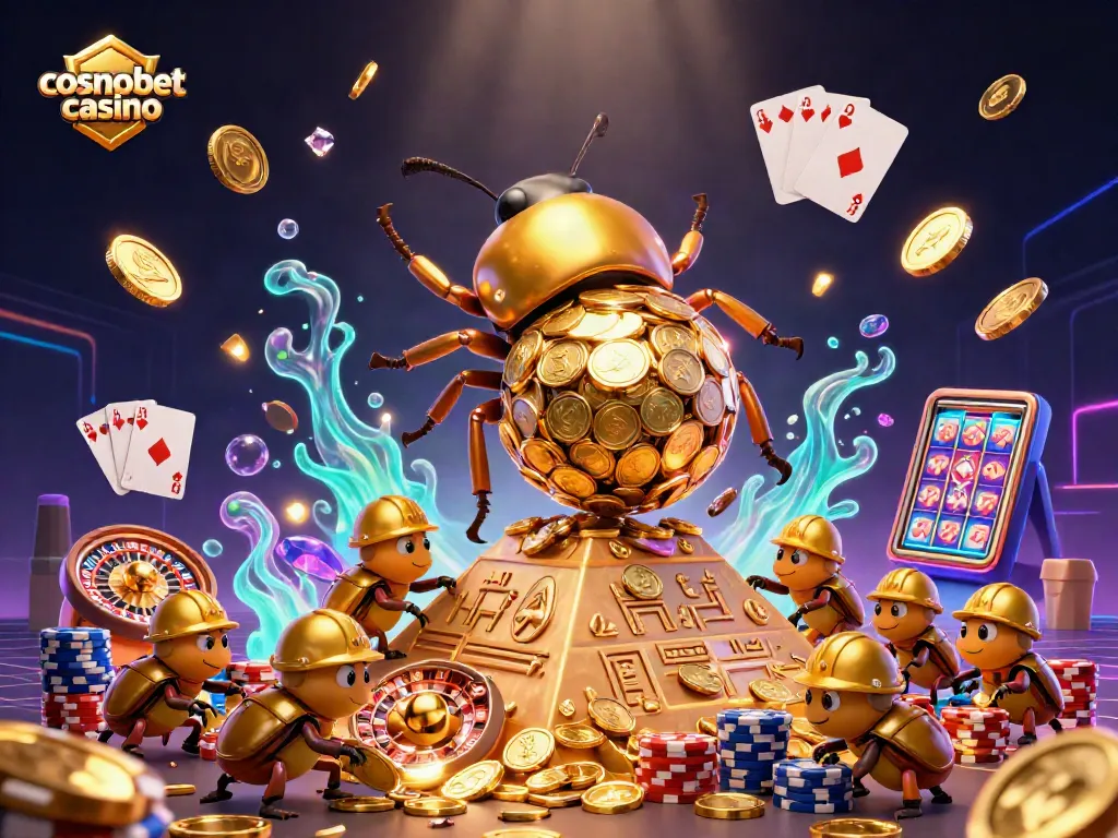 Experience the excitement at cosmobet casino with vibrant visuals of golden coins and beetles.