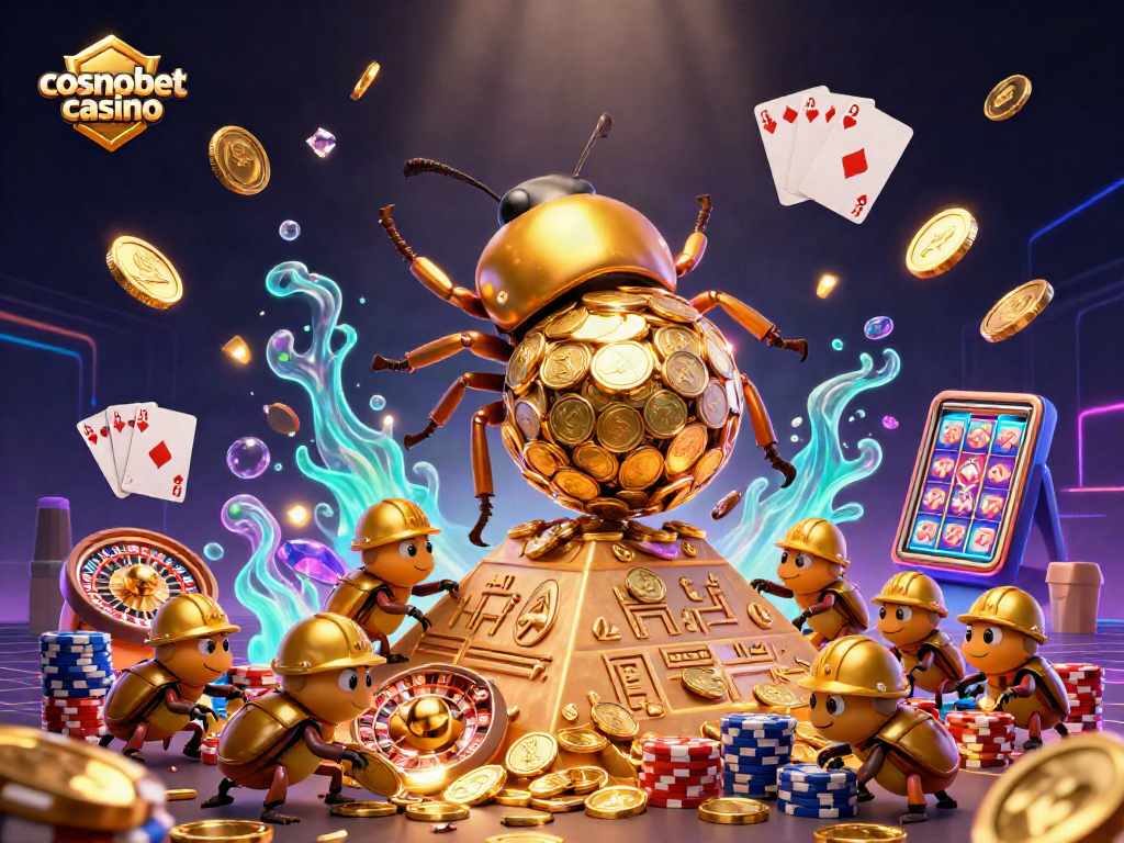 Experience the excitement at cosmobet casino with vibrant visuals of golden coins and beetles.