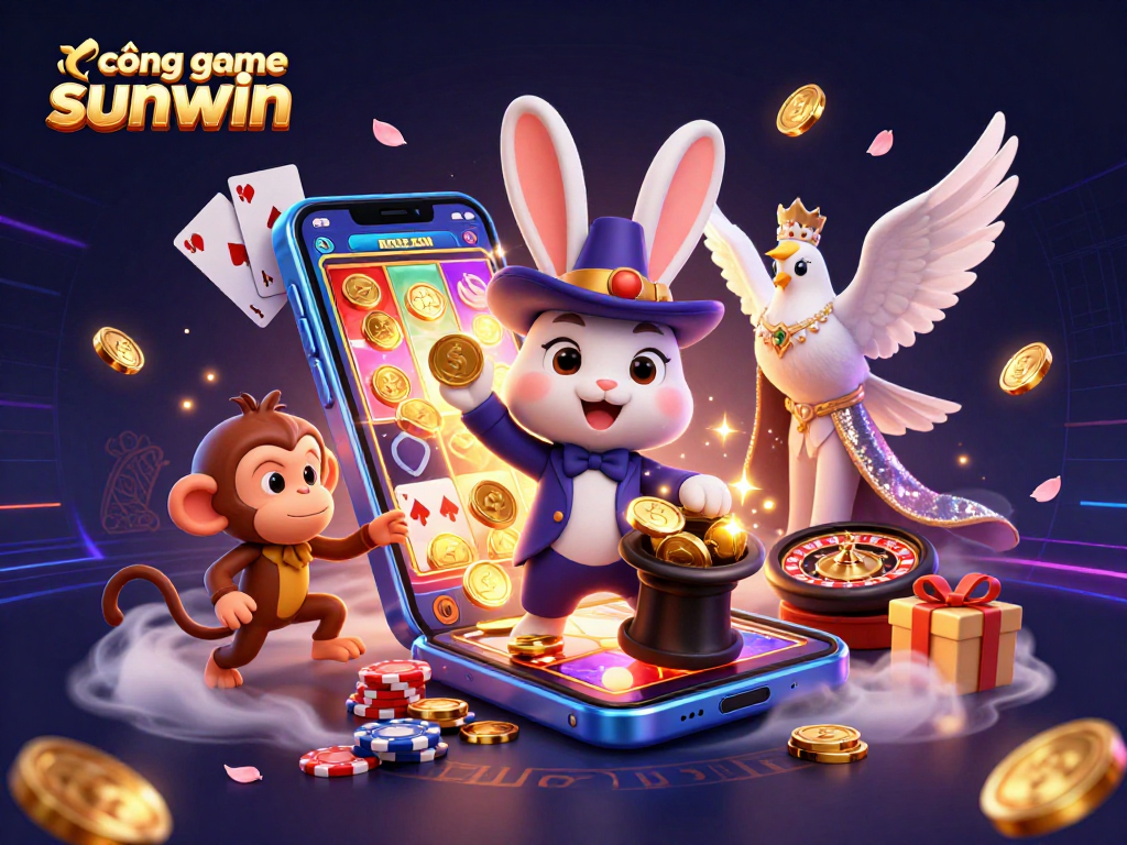 Experience excitement at cổng game sunwin with a magician rabbit, dove, and monkey among vivid casino elements.