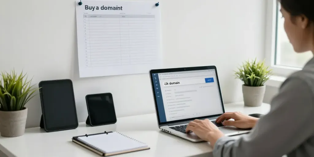 Professional searching to buy .uk domain at a modern desk with a laptop and checklist.