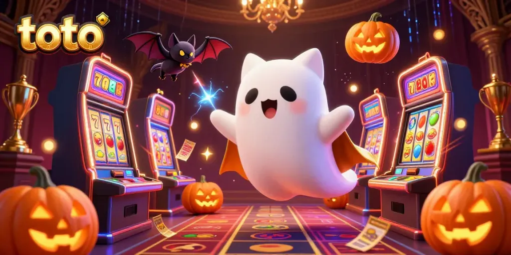 Experience thrilling toto casino fun with a lively 3D ghost cat and vibrant slot machines.