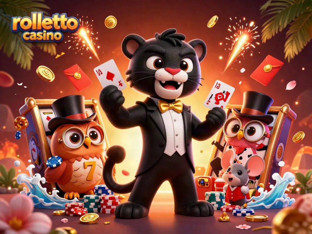 Engage in the rolletto casino with a black panther dealer, vibrant slot reels, and a charming owl and mouse.