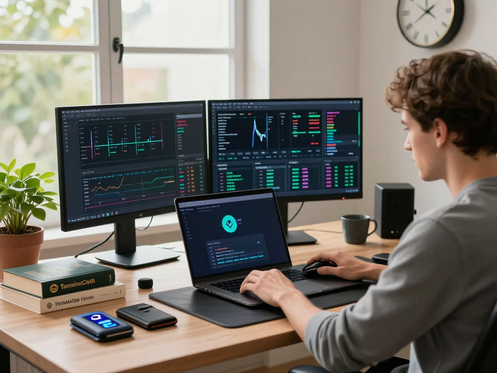 Tornado Cash user engaged in cryptocurrency analysis at a modern workspace.