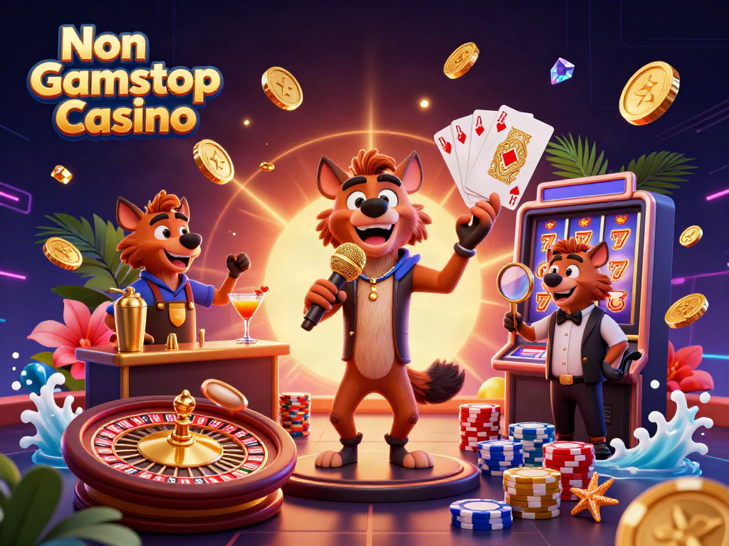 Experience the excitement of a Non Gamstop Casino with hyenas entertaining in a vibrant 3D scene.