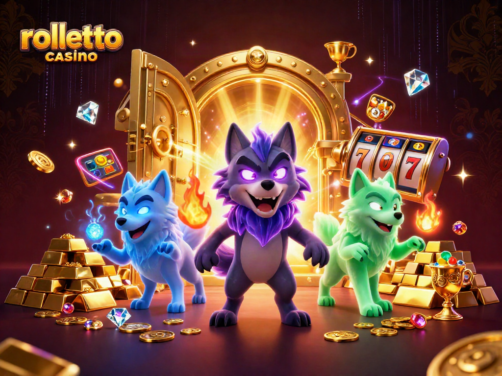 rolletto casino captivating illustration of a shadow wolf leader surrounded by treasure and slot reels