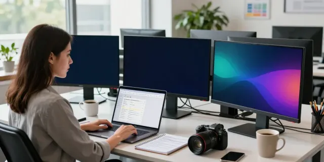 Digital marketer analyzing instant indexing data in a modern tech workspace with multiple screens.