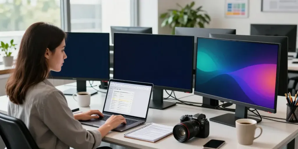 Digital marketer analyzing instant indexing data in a modern tech workspace with multiple screens.