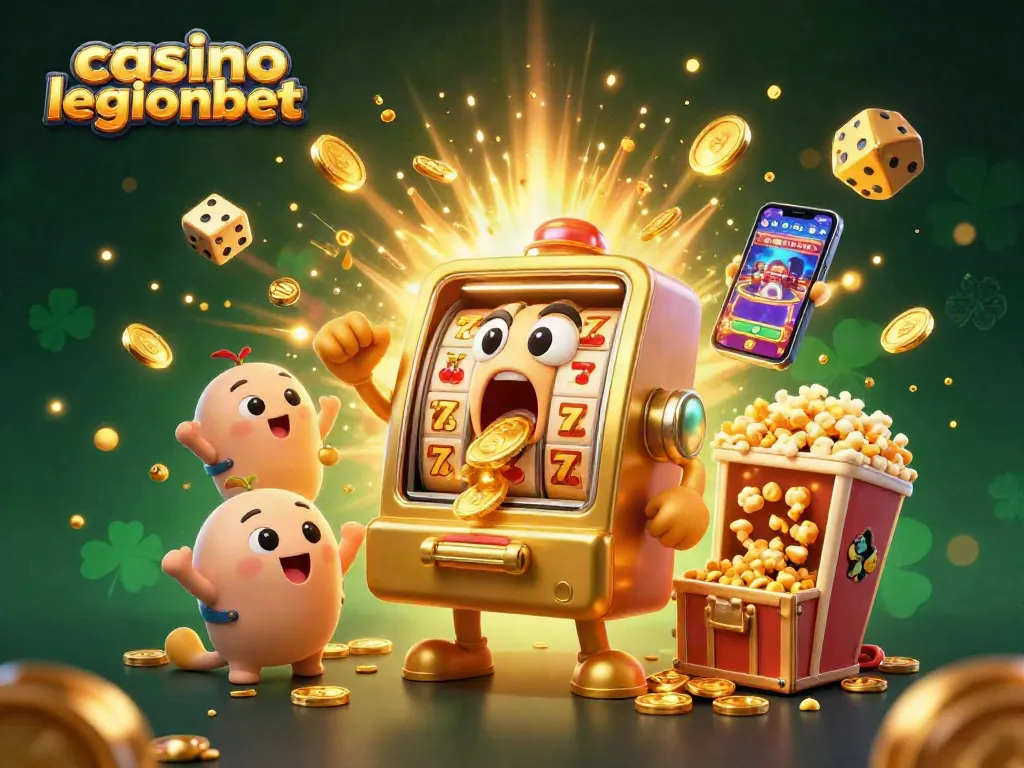Casino legionbet's thrilling jackpot celebration with a golden slot machine and cheerful mini machines.