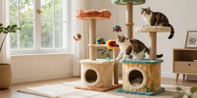 Playful cat interacting with a vibrant cat cat tree in a sunny living room.
