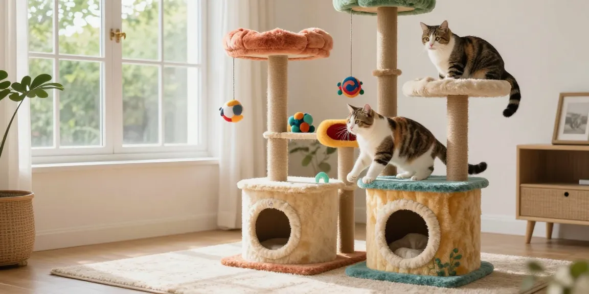 Playful cat interacting with a vibrant cat cat tree in a sunny living room.