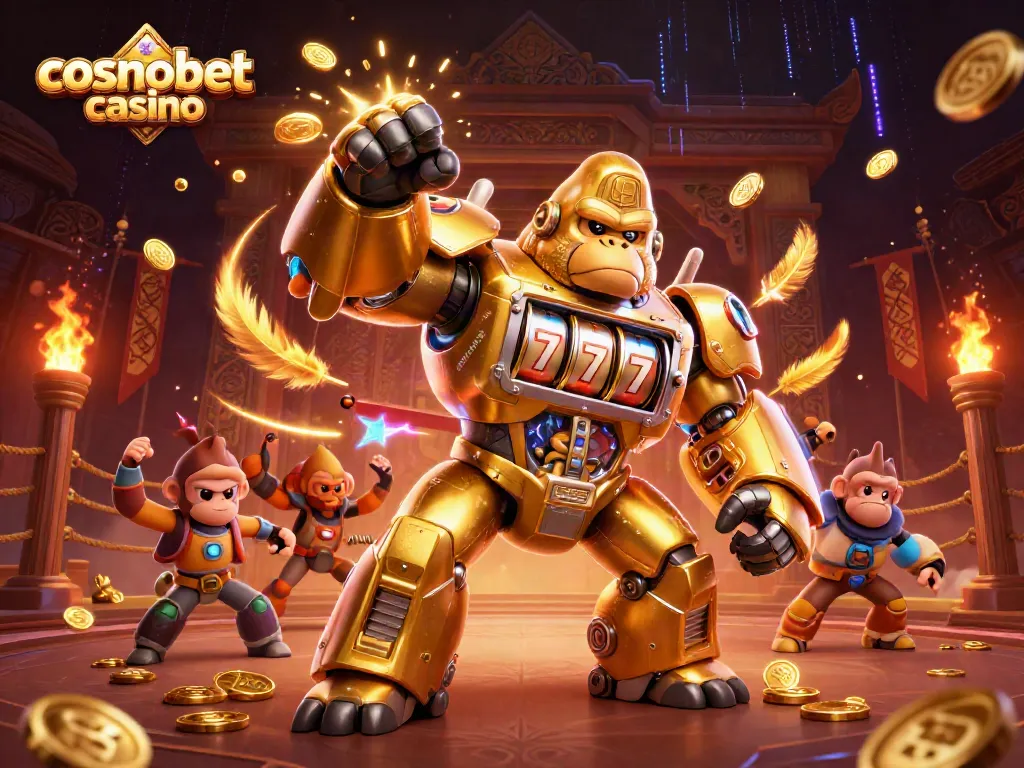 Experience the excitement of cosmobet casino with a dynamic 3D gorilla mech punching through coins.