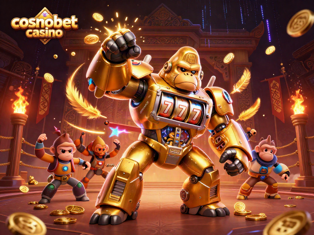 Experience the excitement of cosmobet casino with a dynamic 3D gorilla mech punching through coins.