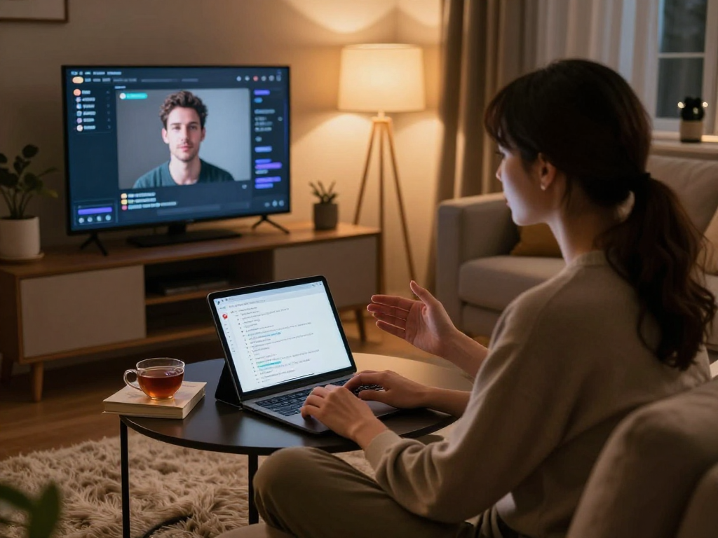AI porn chat scene featuring an engaging conversation in a cozy room with digital screens.
