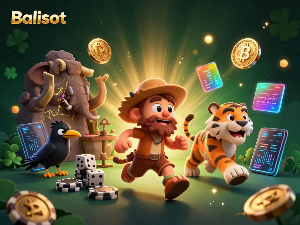 Engage with Balislot at the prehistoric casino with vibrant 3D characters, poker chips, and crypto coins.