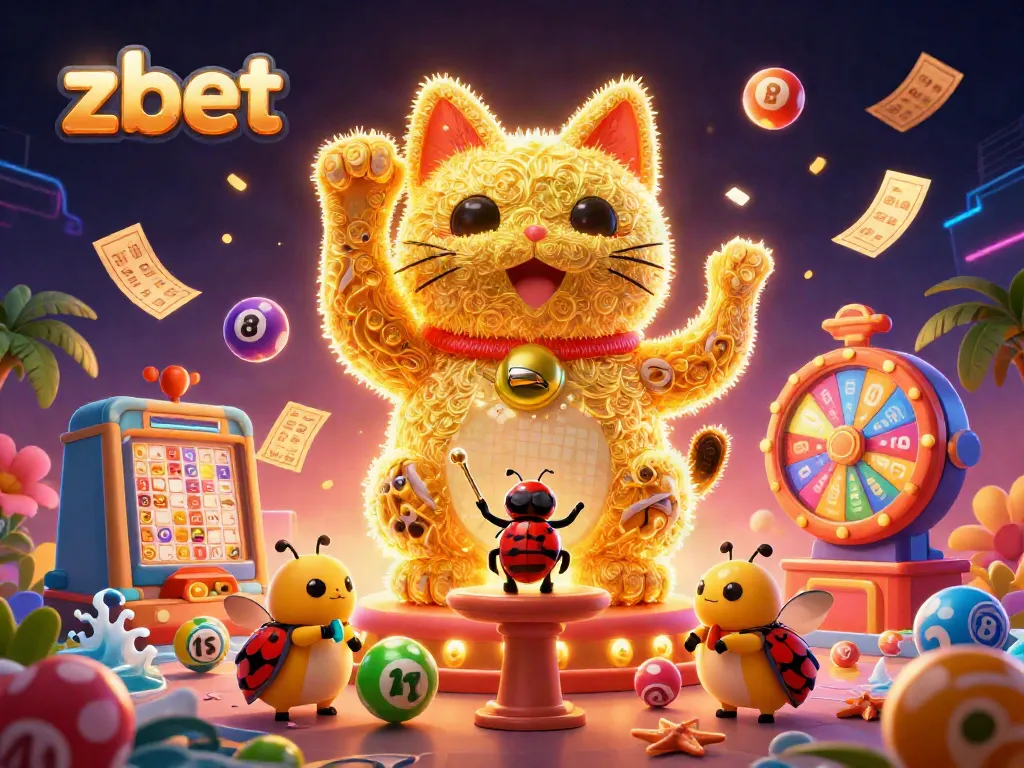 Win big with zbet in this vibrant casino scene featuring a golden lucky cat and dynamic game elements.