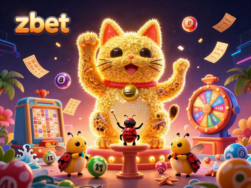 Win big with zbet in this vibrant casino scene featuring a golden lucky cat and dynamic game elements.