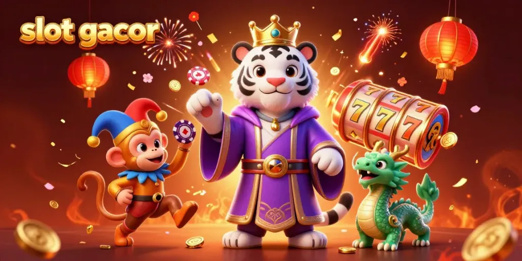 Engage in the slot gacor experience with a lively scene featuring a royal tiger, jester monkey, and dynamic slots.