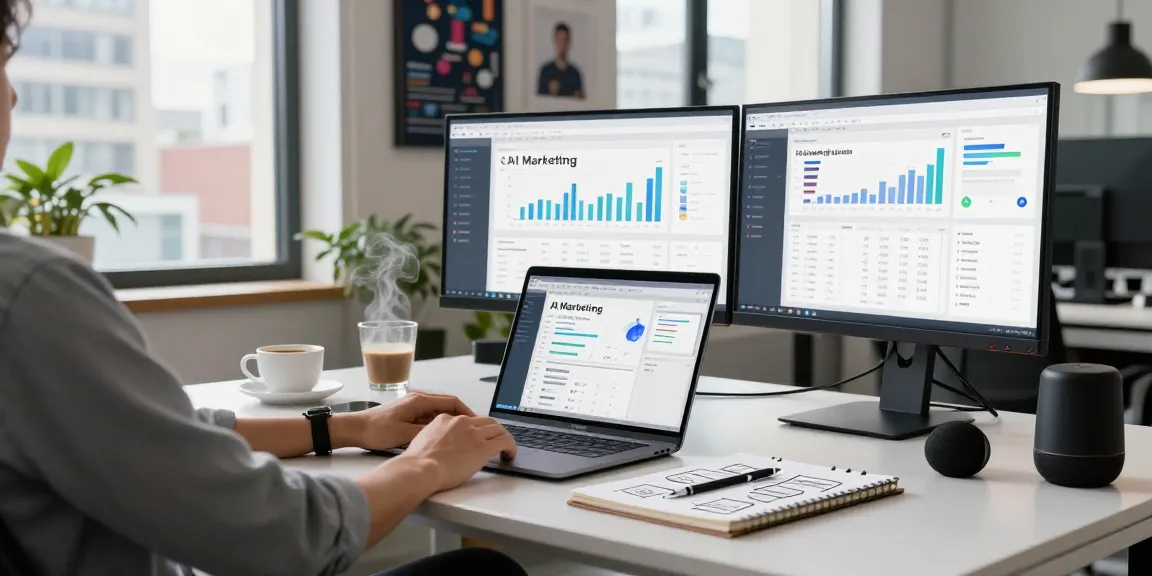 Engaging workspace with a marketing professional using AI marketing tools to analyze data and strategies for 2026 growth.
