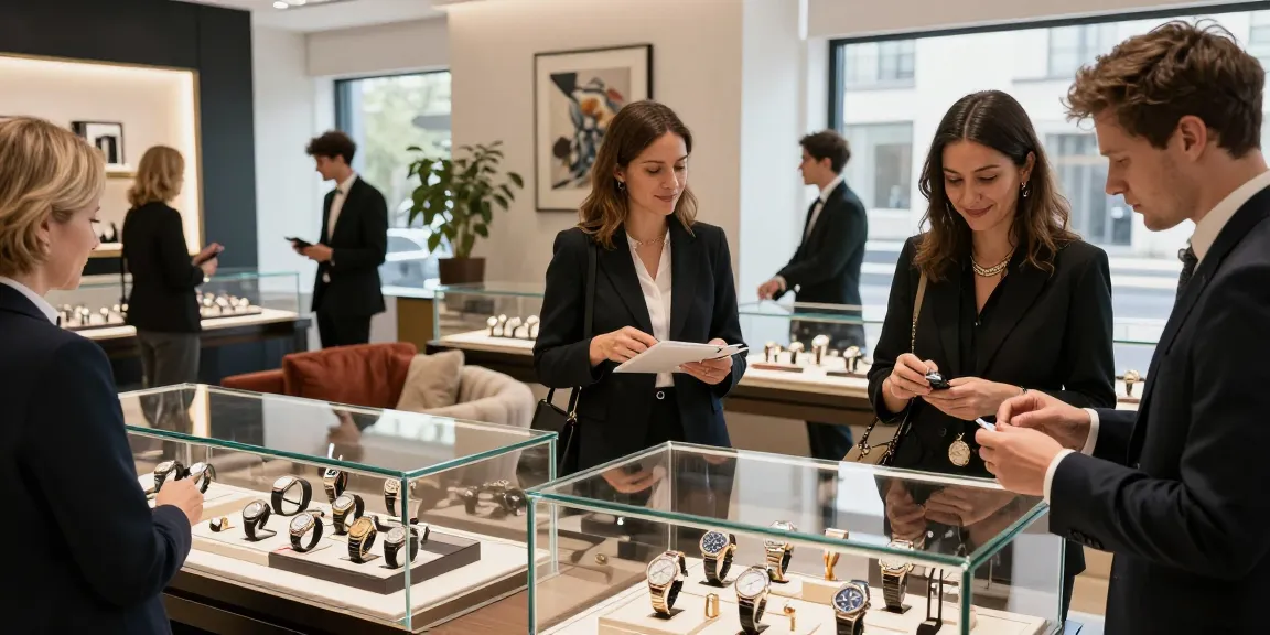 Customers exploring luxury clone watches in an upscale boutique setting, showcasing sophistication.
