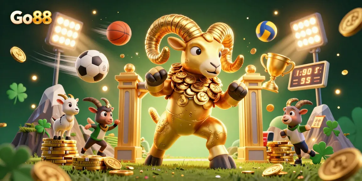 Experience thrilling victories at Go88 with massive golden ram and dynamic sports elements in a vibrant 3D casino scene.
