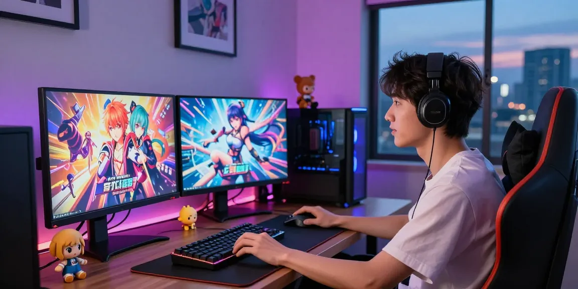 A young adult playing ecchi games on a high-tech gaming setup in a vibrant gaming room.