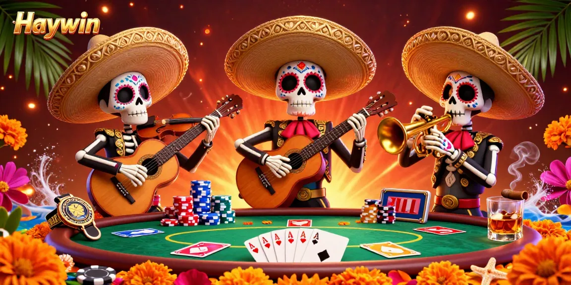 Experience the thrill of winning at Haywin with vibrant Day of the Dead mariachi characters at a poker table.