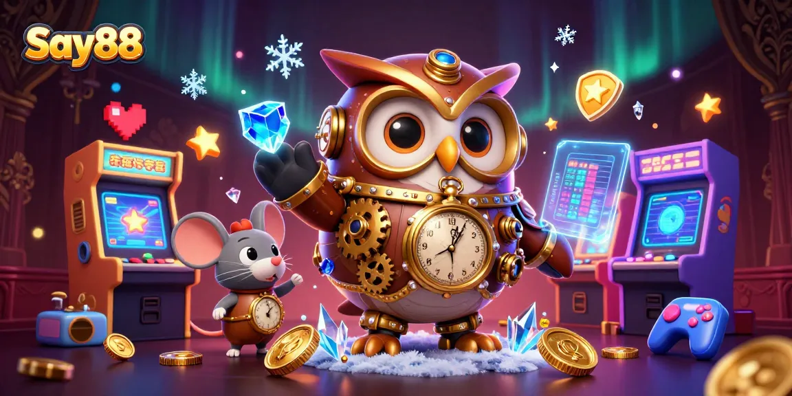 Engage in the thrilling world of Say88 with a lively illustration showcasing steampunk characters, arcade machines, and vibrant casino elements.