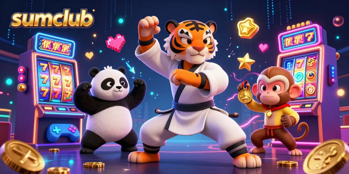 Experience thrilling action at sumclub with a kung fu tiger, panda, and monkey amidst lively slot machines.
