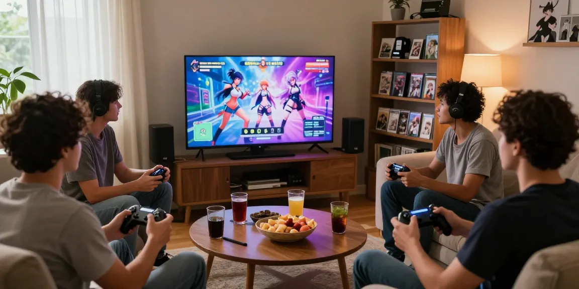 Group enjoying a hentai game in a cozy living room with snacks and vibrant gameplay on TV.