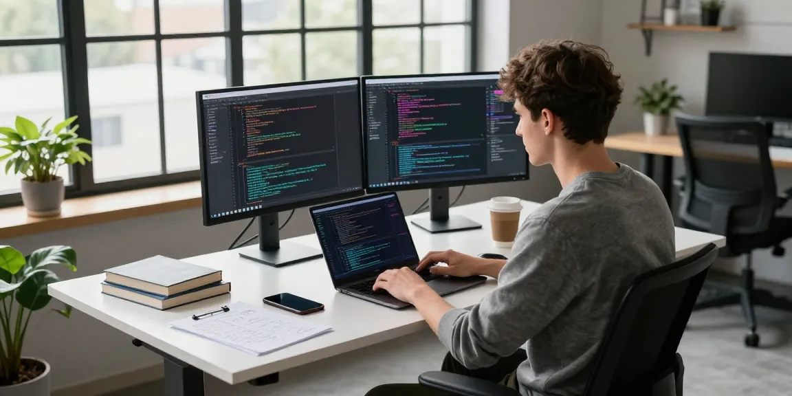 WhatsApp下載 in a modern tech workspace showing a developer coding with dual monitors and vibrant design tools.