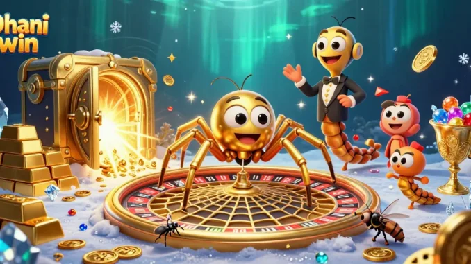 Dhani win showcases a thrilling roulette game scene with a golden spider and centipede dealer.