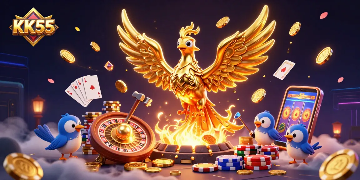 KK55 showcases a molten golden phoenix surrounded by dynamic casino elements in an engaging 3D scene.