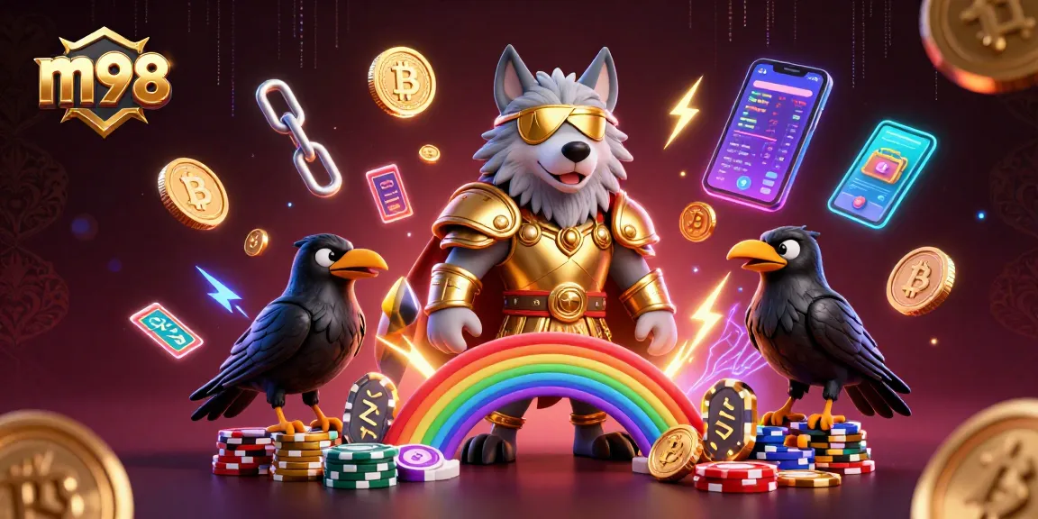 Spin the reels at m98 with dazzling Norse characters and vibrant casino elements featuring Bitcoin and Ethereum.