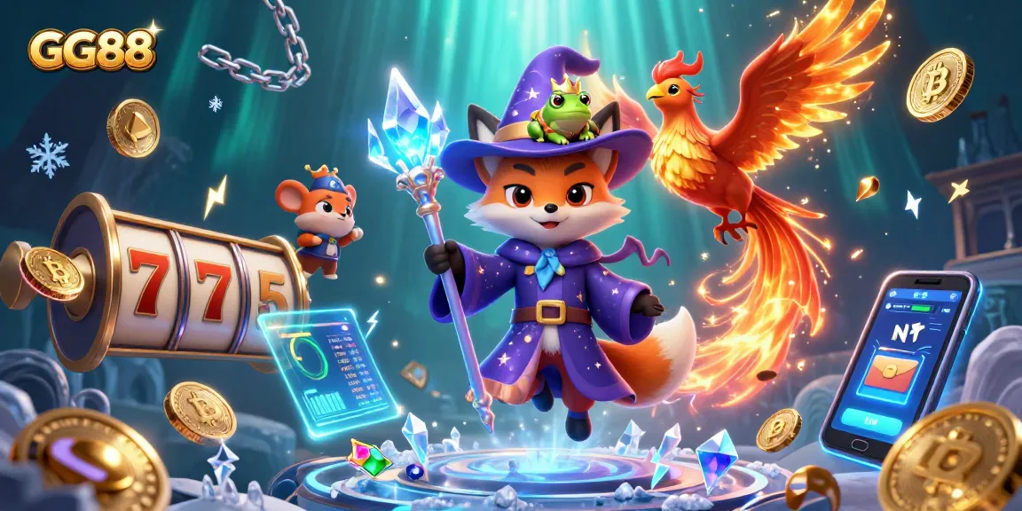 Play exciting games at GG88 with slot reels, shimmering coins, and vibrant characters.