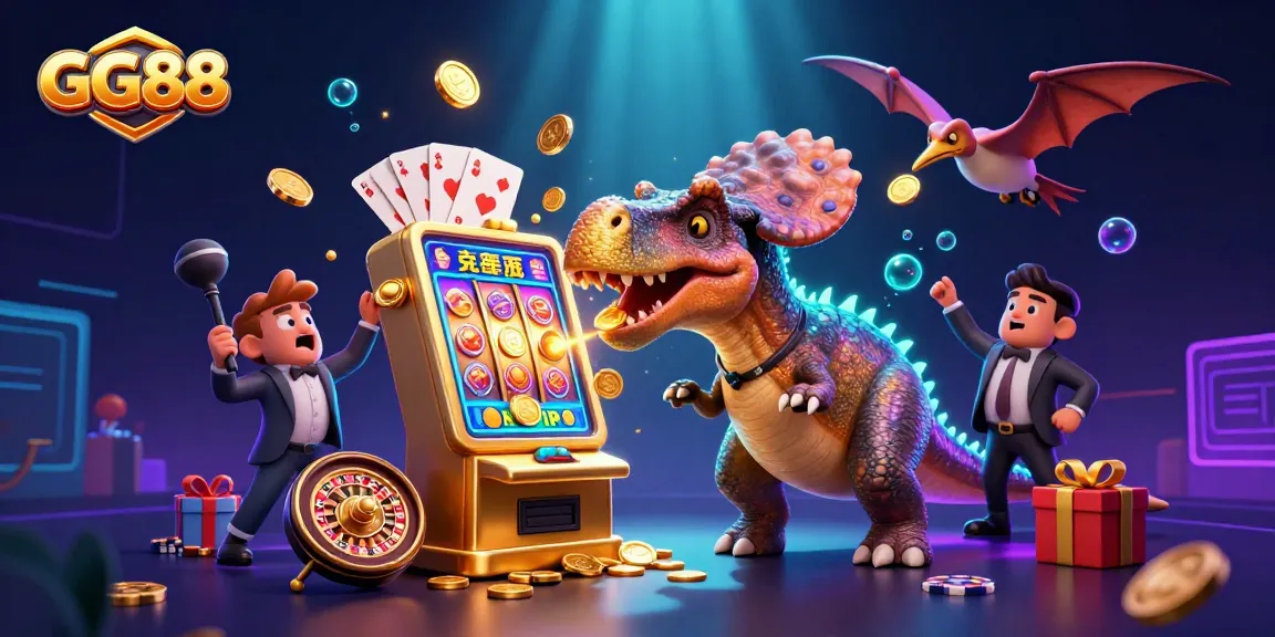 Experience the thrill at GG88 with a pachycephalosaurus hitting a slot machine, amidst flying coins and casino excitement.