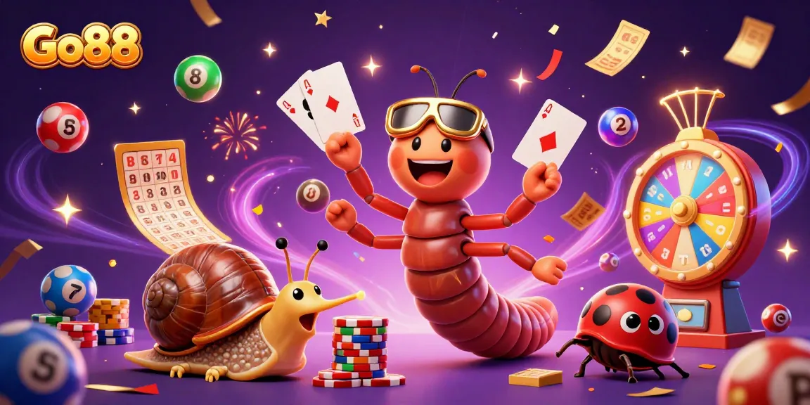 Experience the excitement of Go88 as colorful lottery balls and thrilling gaming elements surround playful casino characters.