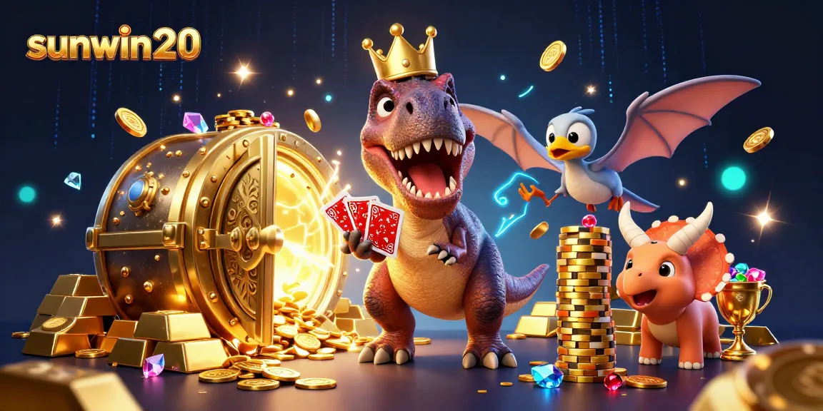 Experience excitement with sunwin20 as T-Rex shuffles cards while a triceratops stacks chips in a dazzling casino.