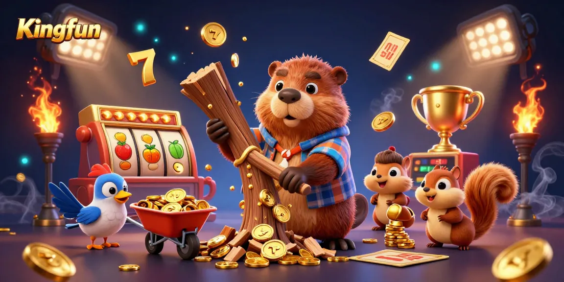 Kingfun showcases a lively casino scene featuring a playful cartoon beaver and coins raining down, perfect for engaging bettors.
