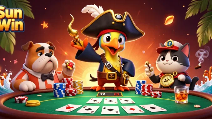 Experience vibrant gameplay with Sun Win as pirate characters dominate a thrilling poker scene.