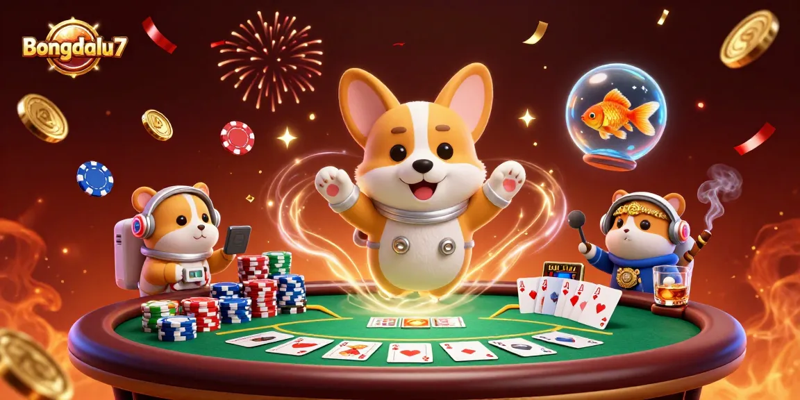 Engage in thrilling poker action on Bongdalu7 with a floating astronaut corgi in a vibrant casino